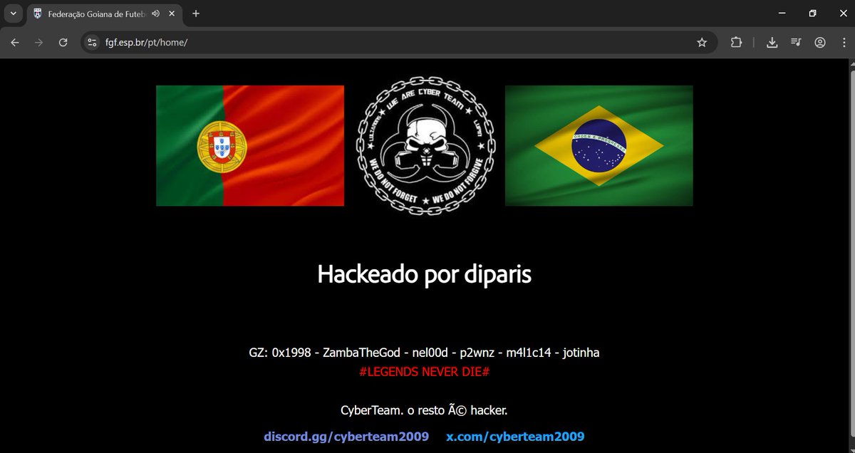 cyberteam2009's tweet photo. Federação Goiana de Futebol - Brasil

site:https://t.co/uN0Gdp3bOz
mirror:https://t.co/LwPM0JJGfC

#CyberTeam #CyberSecurity #FGF https://t.co/OaakqBuBI4