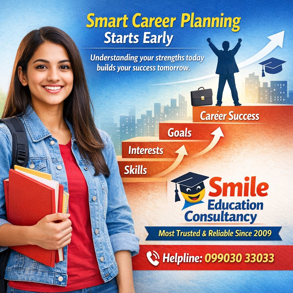 SmileEducationC's tweet photo. Smart career planning starts early.
Understanding your strengths today builds your success tomorrow.

🎓 Smile Education Consultancy
Most Trusted & Reliable Since 2009

📞 Helpline: 099030 33033

Learn More https://t.co/SV3f7L3MBy

#CareerPlanning #StudyAbroad #CareerGuidance #FutureReady #StudentSuccess #EducationConsultancy #SmileEducation #StudyOverseas #CareerGoals #TrustedSince2009

Smile Education Consultancy promotes early career planning as key to leveraging strengths for future success, positioning itself as a trusted education firm since 2009. They offer guidance on study abroad options, university applications, visas, and career paths like Medical, Management and many more...

Providing end-to-end support for international education and migration. Key features include personalized counseling, university selection, and visa assistance, with a helpline at 099030 33033

Why Early Planning
Starting career decisions young reduces stress and aligns choices with personal strengths, as echoed in broader advice from platforms