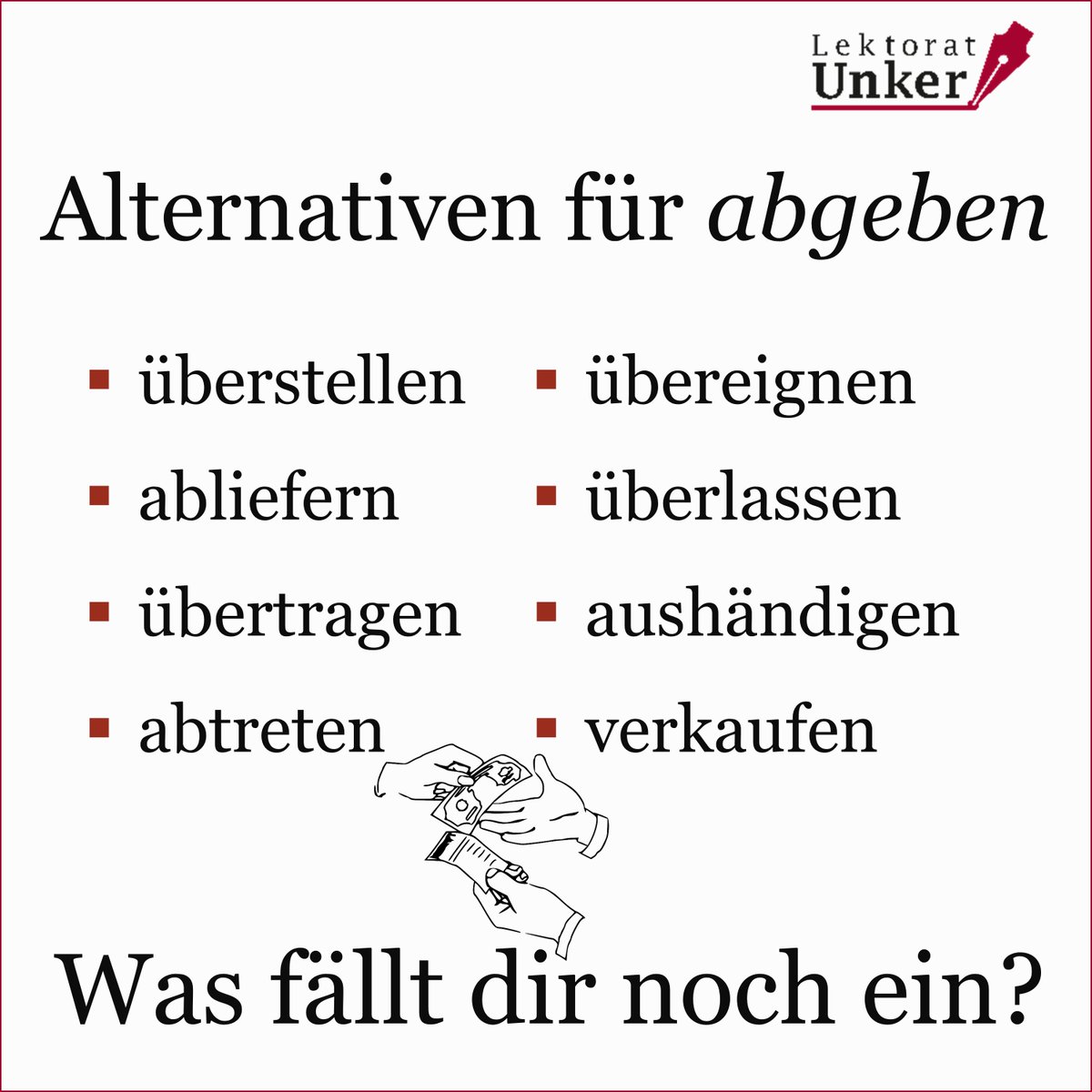 Welche Synonyme für „abgeben“ fallen dir ein? 🎁

#abgeben #germanistik #synonym