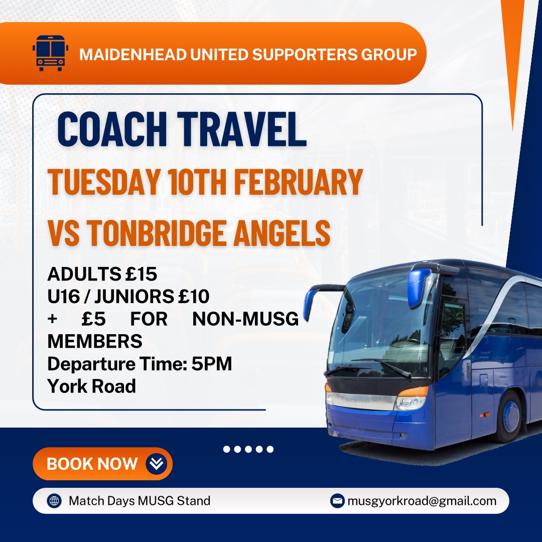 Last chance to get on board! Excellent rates - Tonbridge play on 3G pitch so we should be safe from the weather. 5pm departure <a href="/MUFCYorkRoad/">Maidenhead United</a>