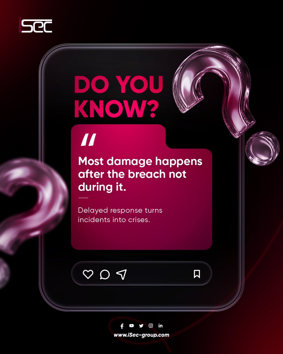 Did you know?
In many cyber incidents, the real impact is caused by delayed or unstructured response not the initial attack itself. Because how you respond matters as much as how you prevent.#iSec #DidYouKnow #IncidentResponse #CyberResilience #BreachResponse #InformationSecurity