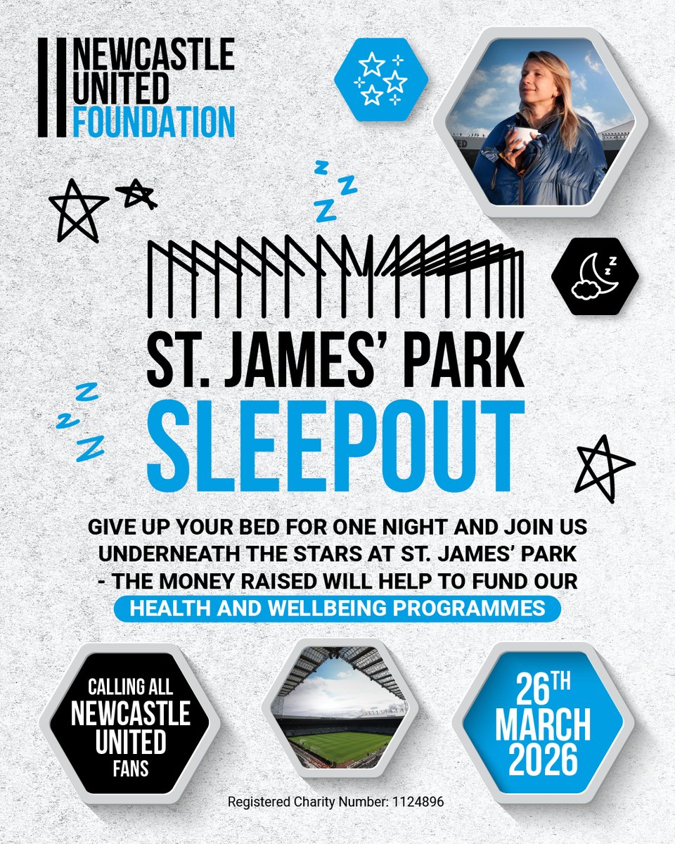Sleepout at St. James' Park! 😴🏟️

Grab your sleeping bag and join us in the stands to experience one night without shelter in support of Newcastle United Foundation.

By giving up your bed for the night, you'll help fundraise for our health and wellbeing work across the North