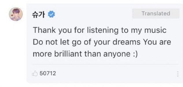 bratzmin_7's tweet photo. remember when an army talked about how she found comfort in Yoongi's mixtape and when her family wasn't supporting her to become an actress. here is yoongi's response: https://t.co/J8O8QNNkO5