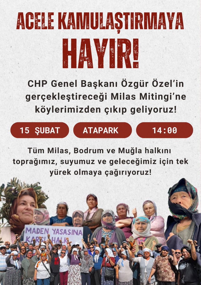 ACELE KAMULAŞTIRMAYA HAYIR!

Bu topraklar bizim geleceğimiz. Bir gecede alınan kararlarla mülkiyet hakkımızın gasp edilmesine, köylerimizin haritadan silinmesine razı değiliz.

CHP Genel Başkanı Özgür Özel’in acele kamulaştırmaya karşı Milas’ta düzenlediği mitingte buluşalım!
