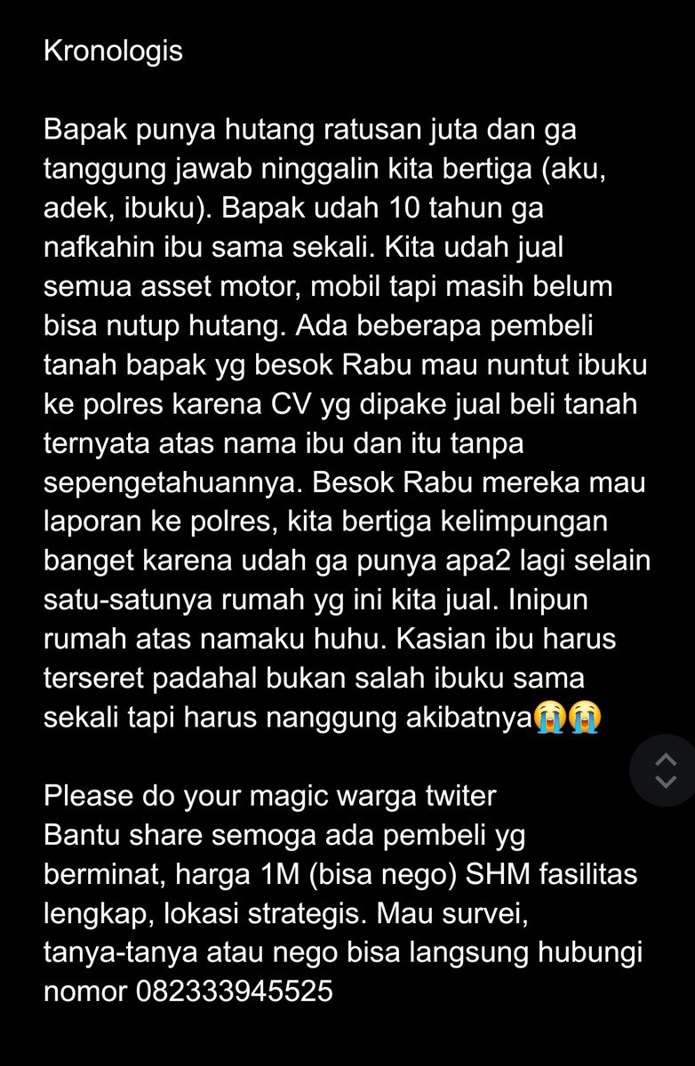 Slshsn's tweet photo. X / Twitter please do your magic

Butuh dana cepat dijual Rumah Joglo &amp; Ukiran di Ngawi Jatim. Asset satu-satunya kami buat nyelametin ibuku akibat ulah bapak yg ga tanggung jawab.

 Bismillah semoga ada yg minat hub aku, boleh minta tolong bantuan share yaa temen-temen😭😭😭 https://t.co/qOMCiYr94r