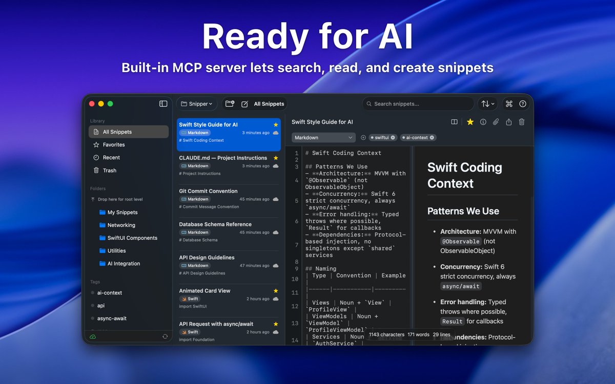 AppSnipper's tweet photo. SnipperApp 3 is now in beta! 🚀
The first code snippet manager with a built-in MCP server. AI can search, read, and create snippets directly from your library. Complete SwiftUI rewrite.
Workspaces, Command Center, menubar app, and more.
TestFlight link in the thread 👇 https://t.co/3VijjM4x0K