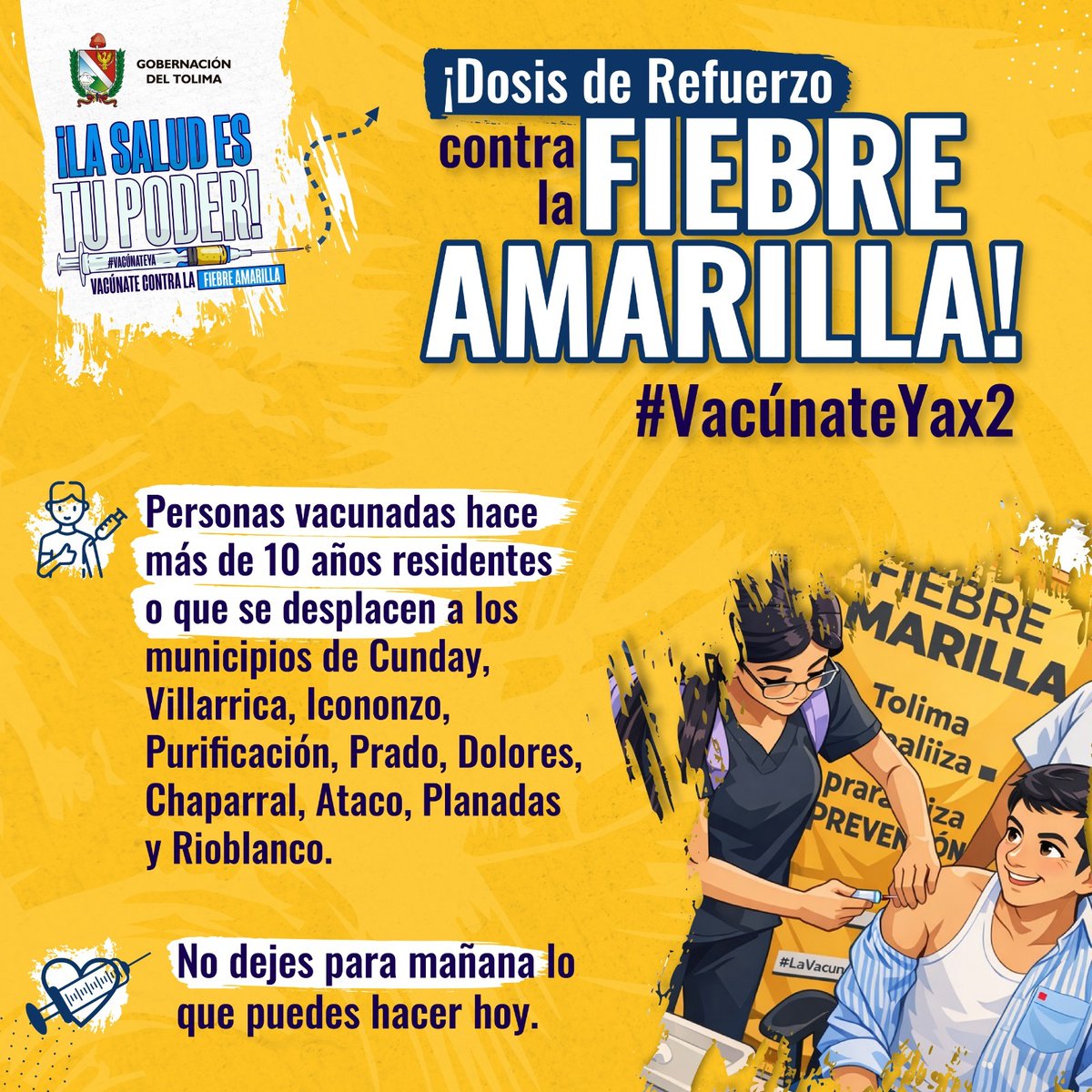 #Salud #FiebreAmarilla #Tolima Un pinchazo hoy puede evitar una enfermedad grave mañana. 💉
La vacuna contra la fiebre amarilla es segura, gratuita y salva vidas.
¡Vacúnate! 💛 <a href="/gobertolima/">Gobernación del Tolima</a> <a href="/Saludtolima/">Saludtolima</a> <a href="/AdrianaMatizTol/">Adriana Magali Matiz 🇨🇴</a>
#Prevención #SaludParaTodos