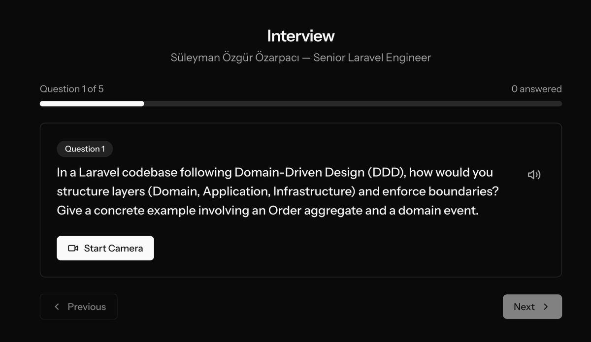 Biostate56's tweet photo. Really impressed with the Laravel AI SDK 🚀 I built a mock interview app to try it out. It generates interview questions from job requirements using Structured Output, then turns them into audio via TTS.
Super smooth developer experience. https://t.co/19EM3v8QNK
