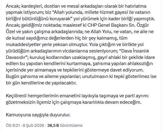 Keçiören Belediyesi Başkanı Özarslan CHP’den çok ağır bir mesajla istifa ediyor. CHP’lilere demediğini bırakmamış. 
Bu isimleri kim aday olarak belirledi, CHPliler gece gündüz neden bu isimler seçilsin diye çalıştı?