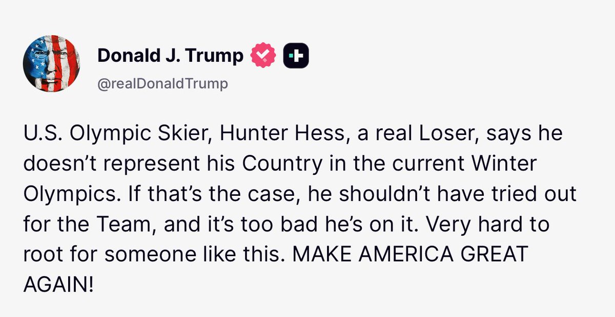 🚨 BREAKING: President Trump has a message for the anti-American American Olympic athletes like Hunter Hess:

“If that’s the case, he shouldn’t have tried out for the team, and it’s too bad he’s on it.”

Trump’s right!