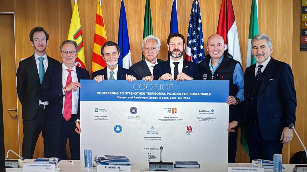 utah2034's tweet photo. A global collaboration for the Winter Games🤝

Regions in Italy &amp; France, University Côte d’Azur, University of Utah, the State of Utah, and Salt Lake City are officially joining forces to share knowledge and best practices for future Olympic and Paralympic Winter Games. https://t.co/R3tzivBCy5