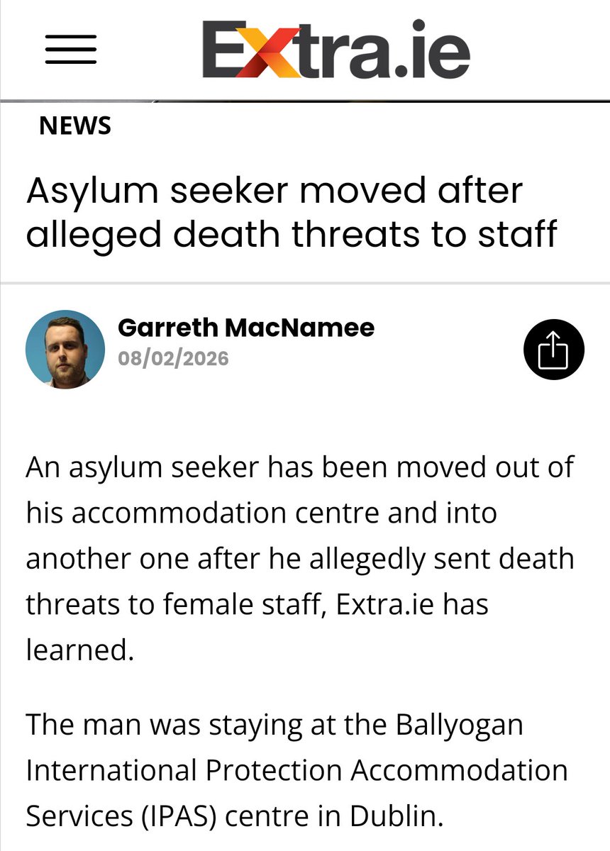 The NGOs will tell us that illegal scumbags like this just want "a better life".

#MigrantCrime 
#EndDirectProvision 
#IrelandisFull 

extra.ie/2026/02/08/new…