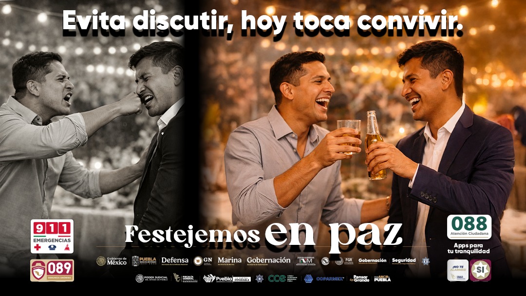 🎊 Evita discutir, hoy toca convivir.
Celebra con respeto y hagamos de la paz el mejor recuerdo.
 #FestejemosEnPaz #PueblaSegura #PensarEnGrande #PorAmorAPuebla