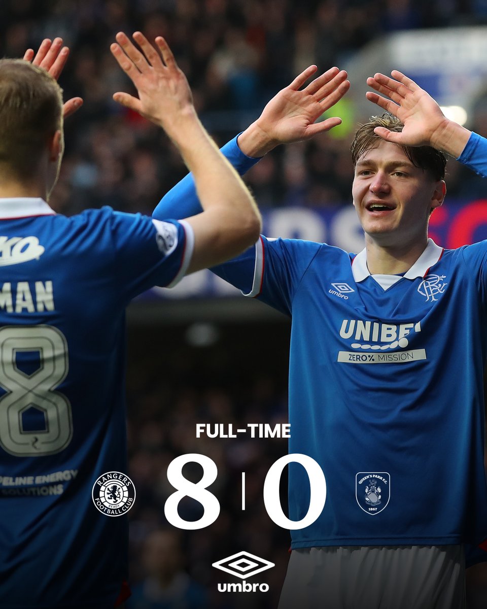 👊 Full-Time at Ibrox, Rangers 8-0 Queen's Park.

🔵 Rangers go through to the Quarter-Finals of the <a href="/ScottishCup/">Scottish Gas Scottish Cup</a>!