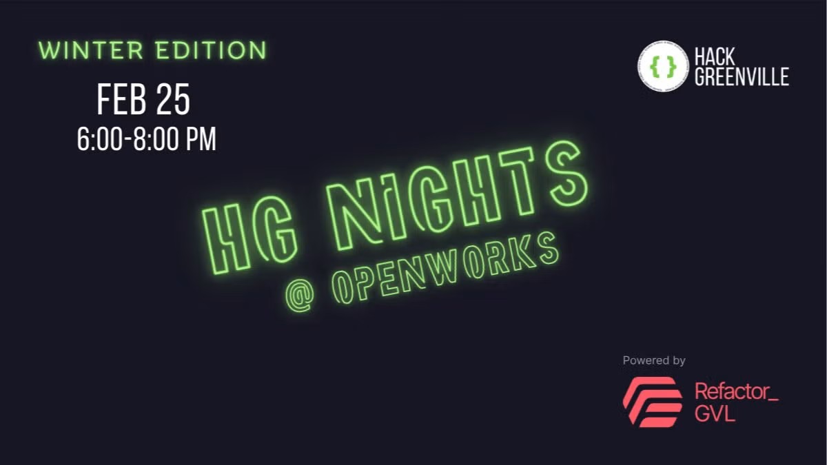 HackGreenville Nights – Winter Edition is Feb 25 @ OpenWorks!

🎤 Call for Speakers – share a 5-15 min tech talk
🤝 Call for Sponsors
📅 RSVP for food, community &amp; talks

meetup.com/hack-greenvill…