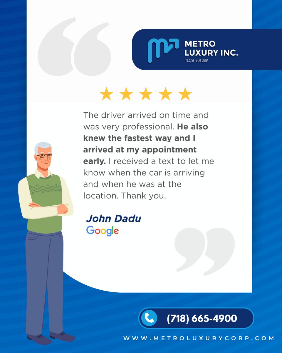 ⭐️⭐️⭐️⭐️⭐️ On time, professional, and reliable—that’s the Metro Luxury Inc. experience. 

 Thank you for choosing Metro Luxury Inc.  📞 (718) 665-4900 🌐 metroluxurycorp.com 

#5StarService #TrustedTransportation #MetroLuxuryInc #MedicalRides #PatientCare