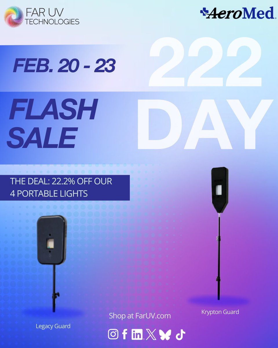 FarUVtech's tweet photo. We're having a FLASH SALE! To celebrate Far UV's 222nm wavelength, you can take 22.2% off our 4 portable lights at https://t.co/iNfgOHnC8q on 2/22. Sale starts Feb. 20 and ends Feb. 23. #faruvc #faruv https://t.co/z6n5sHNMvI