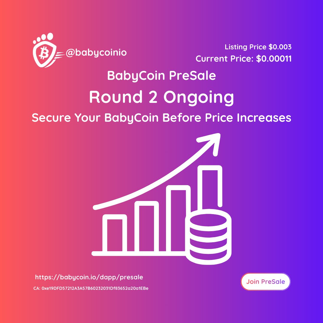 🚀 BabyCoin Presale Round 2 Is Ongoing 🚀

This is your opportunity to enter early before the next price increase and ahead of future listings. 

Momentum is building, the community is growing and early supporters are securing their positions while Round 2 remains open. 🔥

Don’t