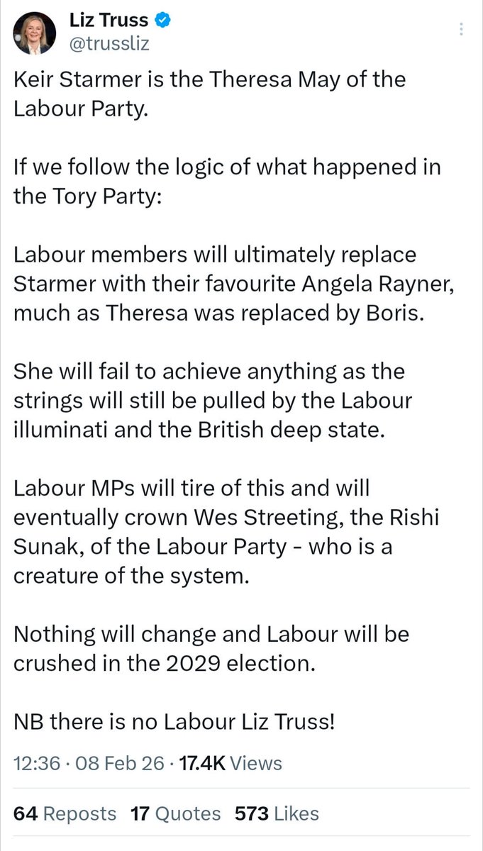 “There is no Labour Liz Truss” says er, Liz Truss. Thank goodness for that. The country has suffered enough.