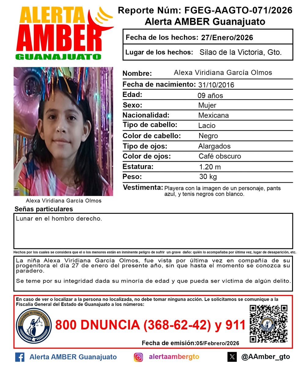 Activación de 𝘼𝙡𝙚𝙧𝙩𝙖 𝘼𝙢𝙗𝙚𝙧 de Alexa Viridiana García Olmos, de 𝟵 𝗮𝗻̃𝗼𝘀 de edad, de 𝗦𝗶𝗹𝗮𝗼 𝗱𝗲 𝗹𝗮 𝗩𝗶𝗰𝘁𝗼𝗿𝗶𝗮, 𝗚𝘁𝗼. 
¡Ayúdanos a localizarla!