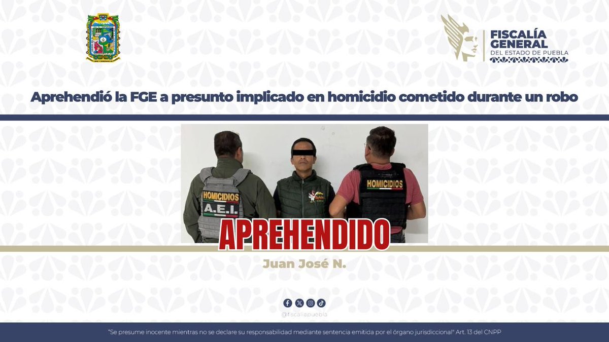 🚨 La <a href="/FiscaliaPuebla/">FGE Puebla</a> aprehendió a Juan José N., presunto responsable de un homicidio calificado cometido durante un robo en la colonia Campestre Mayorazgo, en la ciudad de Puebla.

El detenido fue ingresado al CERESO de Puebla y quedó a disposición del Juez de Control, quien