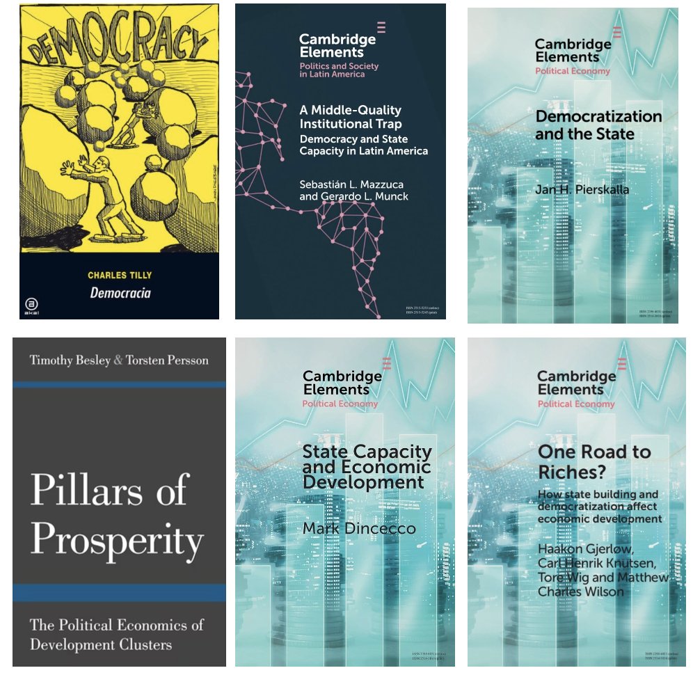 Estado, democracia, desarrollo

Estos son algunos libros que estudian la interacción entre lo que Charles Tilly llamó grandes estructuras.

Fila superior: obras enfocadas en el vínculo Estado-democracia

Fila inferior: libros más centrados en el nexo entre el Estado y la economía
