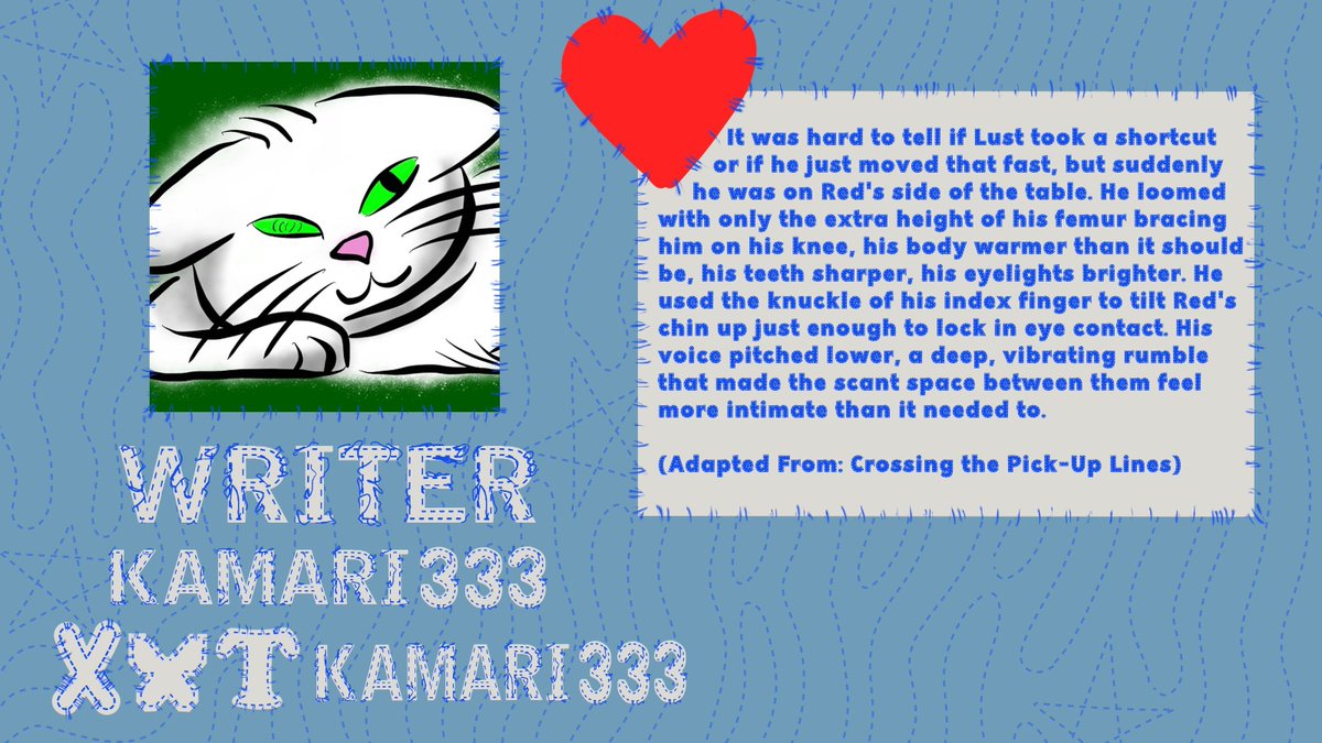 ⚠️ ❕ Contributor Intro ❕ ⚠️ 
Our next featured Writers is Kamari333, <a href="/Kamari333/">kamari333</a>.bsky.social or <a href="/kamari333/">kamari333</a> on Tumblr and Aethy ! Make sure to check their socials and support them!
