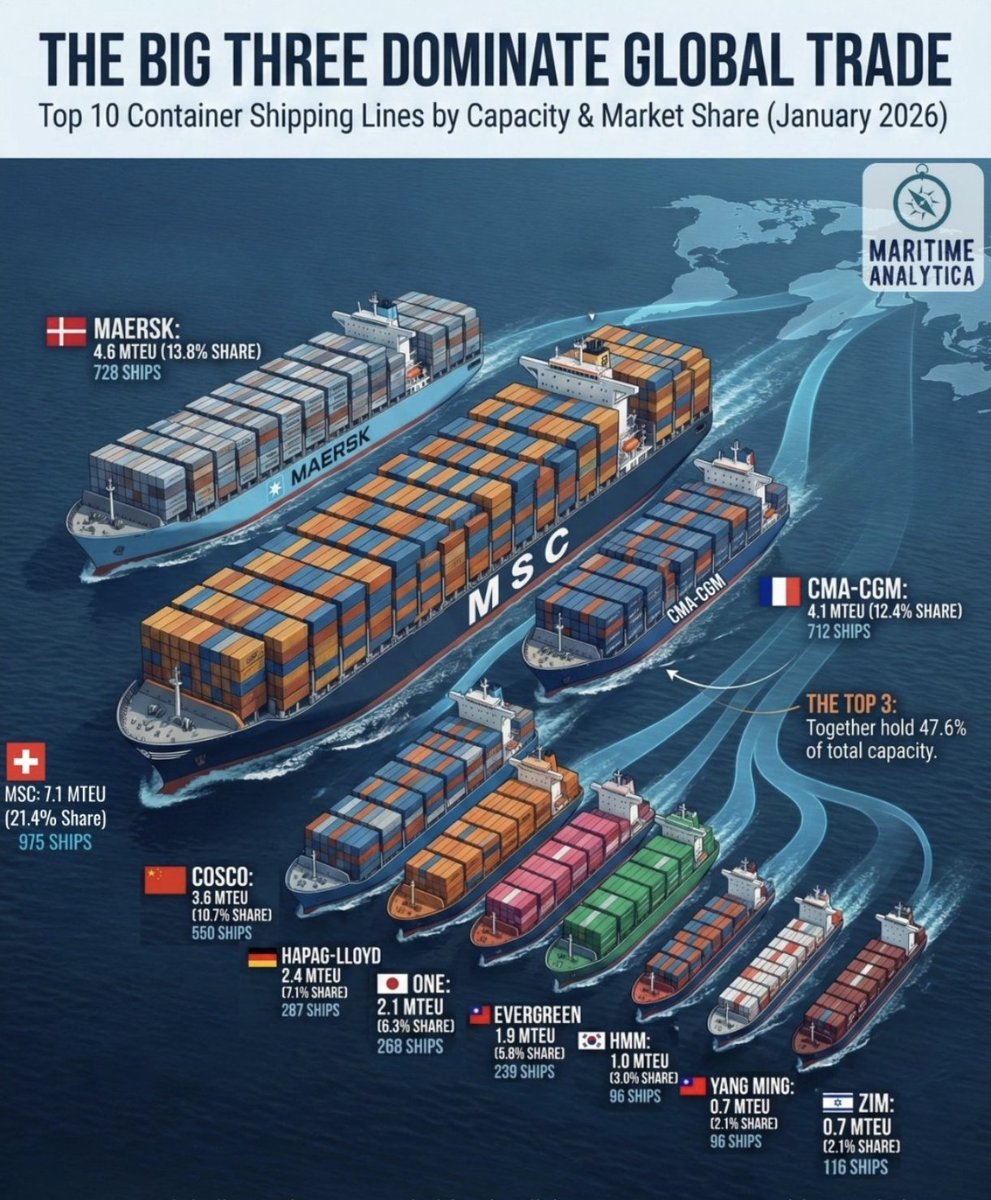 Ini pertanyaan yang menohok. Lihat gambar itu. Seram.
Hanya tiga perusahaan—MSC, Maersk, CMA-CGM—menguasai hampir separuh napas perdagangan dunia. Sisanya diperebutkan oleh pemain dari China, Jerman, Jepang, Taiwan, Korea, dan Israel.
Indonesia? Nol besar di daftar "Top 10" itu.