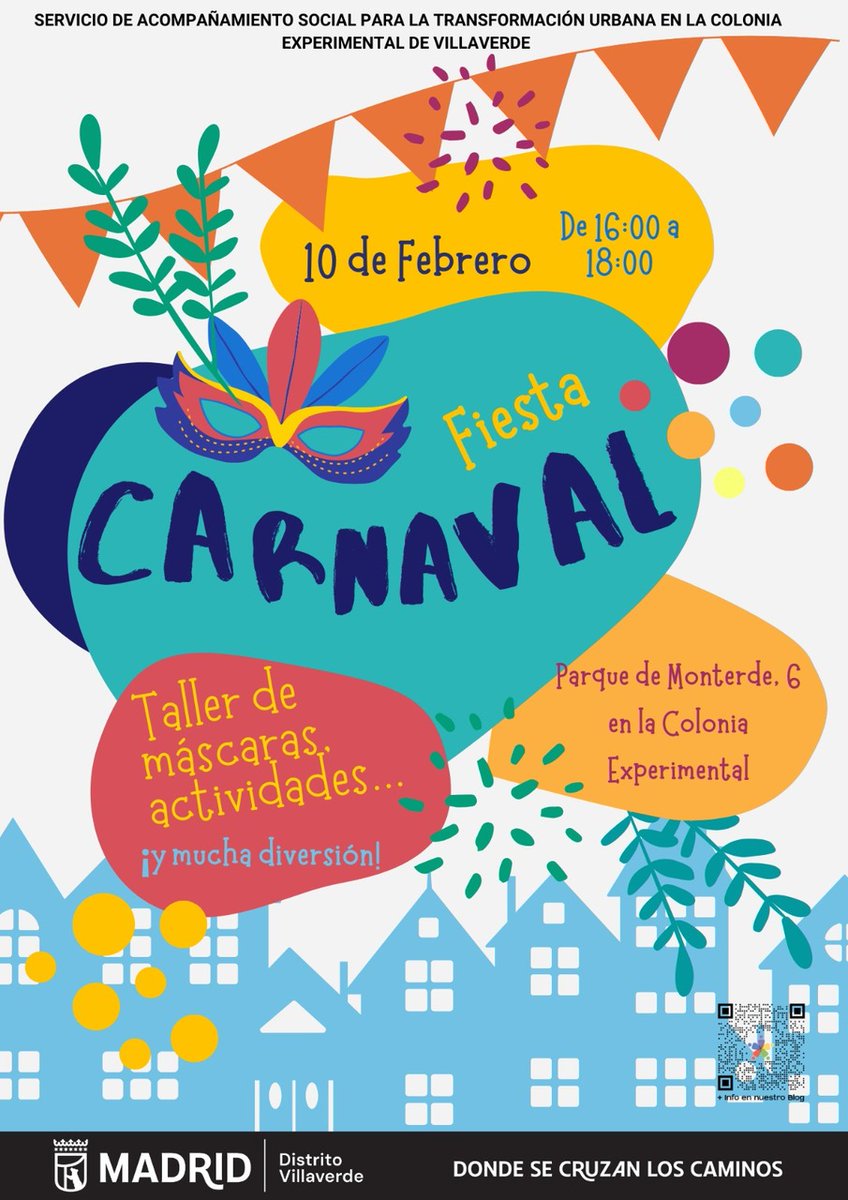 Ven a celebrar #Carnaval en la Colonia Experimental de Villaverde🎊

🎭 Talleres de máscaras de carnaval
🎨 Actividades lúdicas y dinámicas grupales
🎶 Música

📌10 de febrero, de 16:00 a 18:00 h, en el Parque de Monterde, 6