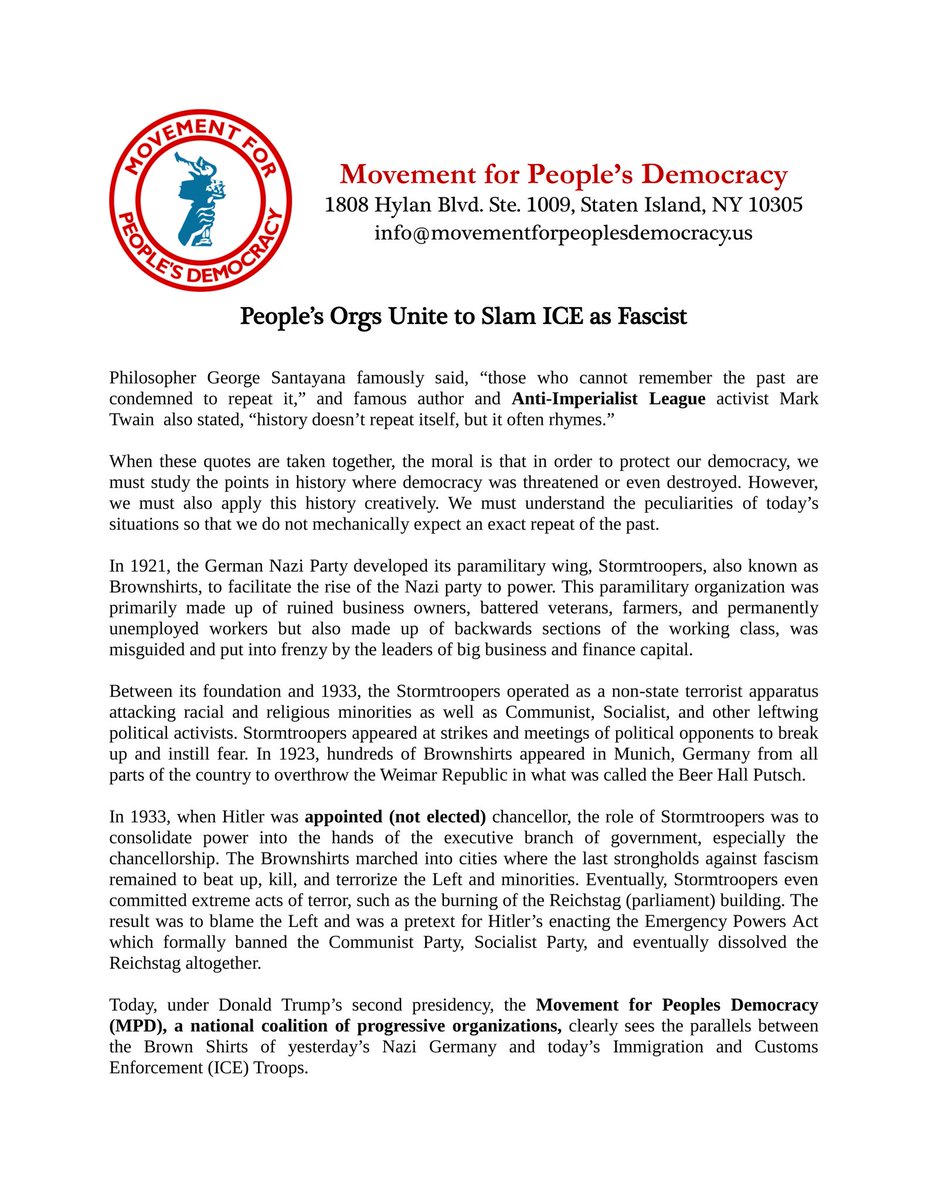 MPD Coalition Statement on ICE - People's Orgs Unite to Slam ICE as Fascist
#AbolishICE #AmericanGestapo #DefeatFascism

movementforpeoplesdemocracy.us/peoples-orgs-u…