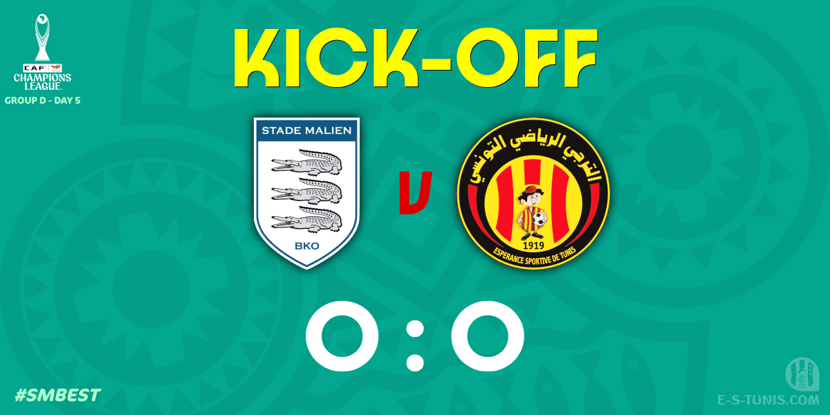 ESTuniscom's tweet photo. ⏱ 01' | #TotalEnergiesCAFCL Gr D. Day 5 #SMBEST | 🇲🇱@blancsdebamako 0⃣-0⃣ @ESTuniscom🇹🇳 : The match kicks off / بداية المباراة / Coup d'envoi du match https://t.co/6P4pv25rxK