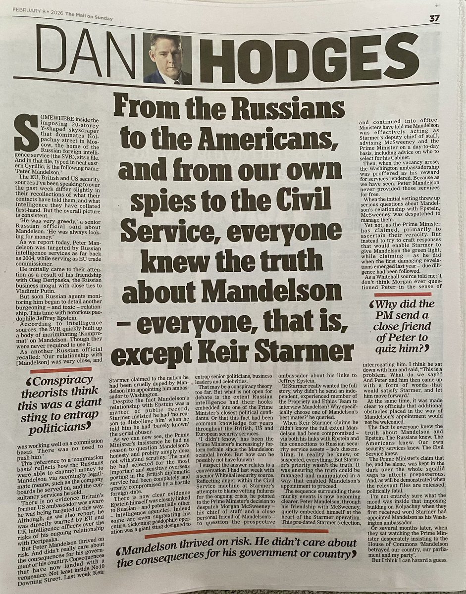 Covbluenose's tweet image. Great from @DPJHodges with the obvious conclusion that when the information is released by the ISC @Keir_Starmer will have to resign!

He should do the honourable thing now!

#MandyGate #Mandelson #StarmerResign