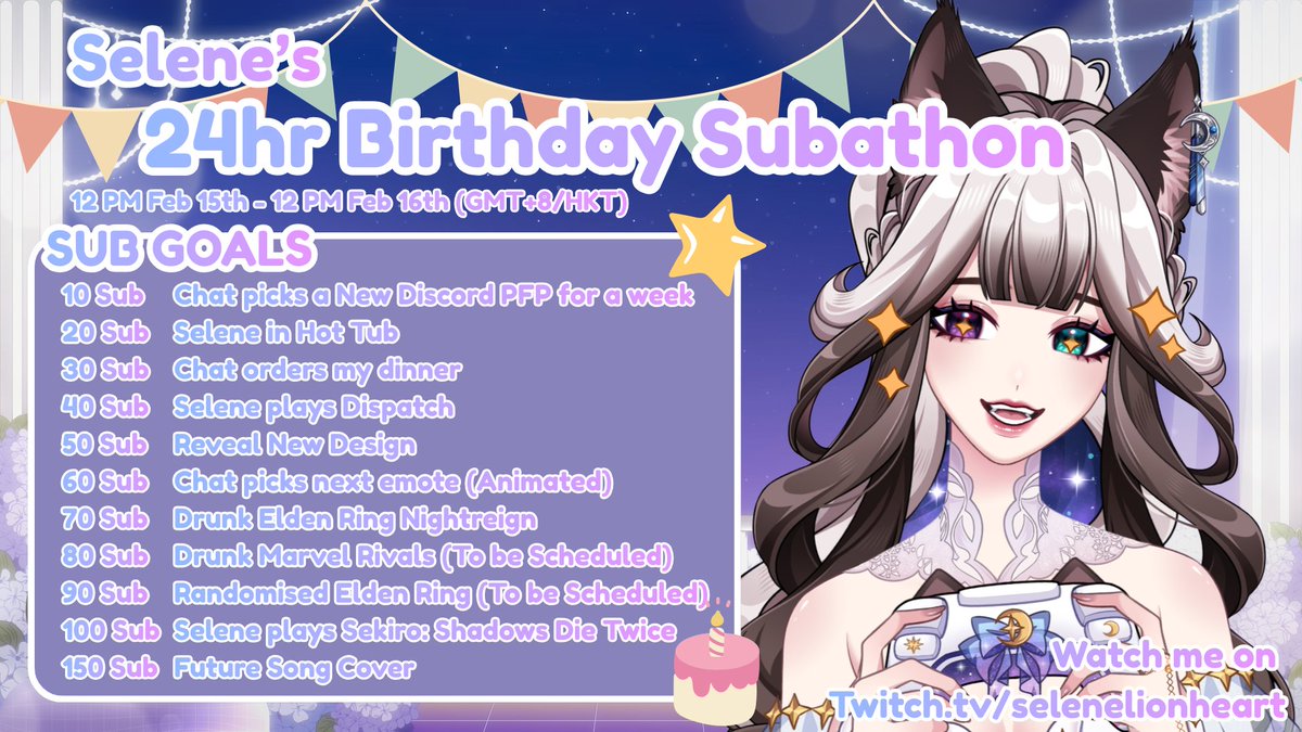 My Birthday is coming up soon!~
So, it's time to celebrate! 🎂

24hr BIRTHDAY SUBATHON
A New Chibi model will be revealed on STREAM!
Starts 15 Feb 12 PM - 16 Feb 12 PM (GMT+8/HKT)

Please wish me a happy birthday,
and let's celebrate together! 🥂
#Vtuber #ENVtuber #VtuberEN