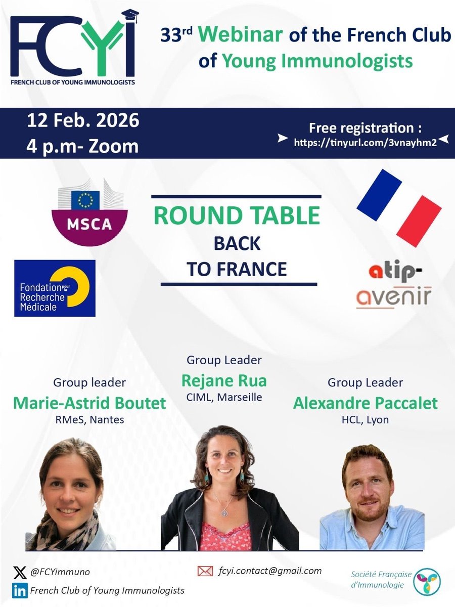 FCYImmuno's tweet photo. Join the First FCYI Webinar of 2026: Back to France!
Are you thinking about returning to France or building your scientific career here? 
Join our “Roundtable: Back to France” webinar on Thursday, 12 February at 4 PM.
🔗 Register here: https://t.co/PF1QsjdiRh https://t.co/lxA0tWT19s