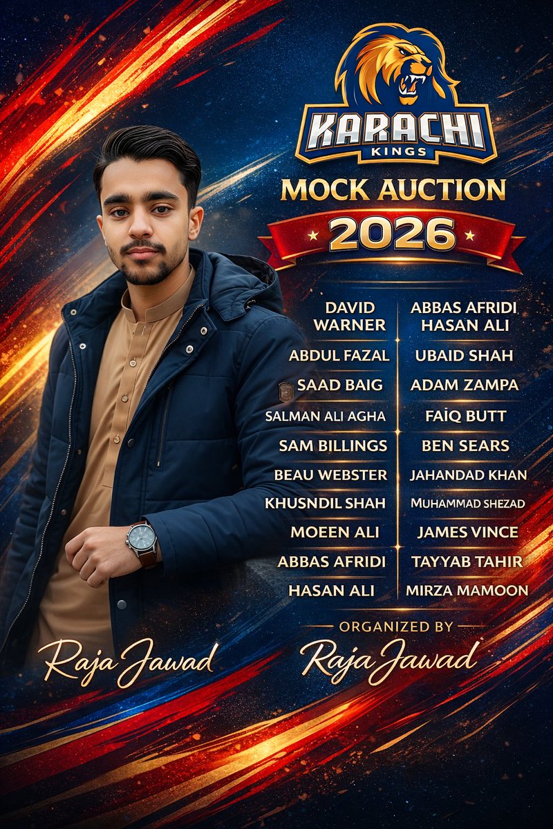 JIslam6017's tweet photo. Proud to present Karachi Kings Mock Auction 2026.
A powerhouse list, a serious mock, and pure cricket passion.
Organized by Raja Jawad 👑
#MockAuction #KarachiKings #PSLVibes #PSLAuction #PSLNewEra #PSL11 @KarachiKingsARY @HaiderAzhar @shayaansalman_ https://t.co/nikCrDylRo