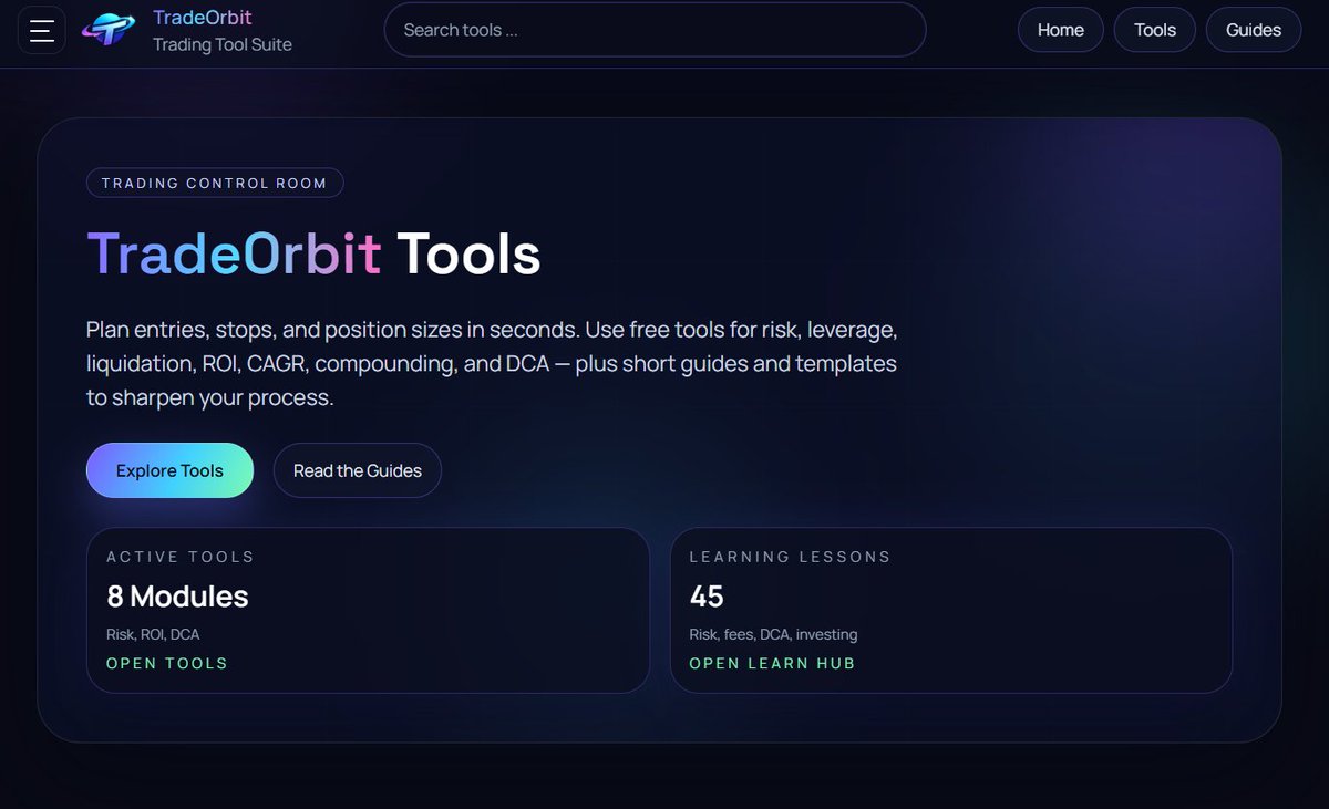 NetReview's tweet photo. Launching TradeOrbit 🚀

Free trading calculators and trading guides for crypto &amp; stocks!  Position size, RR, ROI / P&amp;L, Margin &amp; leverage, Liquidation,  DCA

No signup. Fast. Mobile-first.
https://t.co/ygaO9LSsXg https://t.co/GcYLp0rb2Q