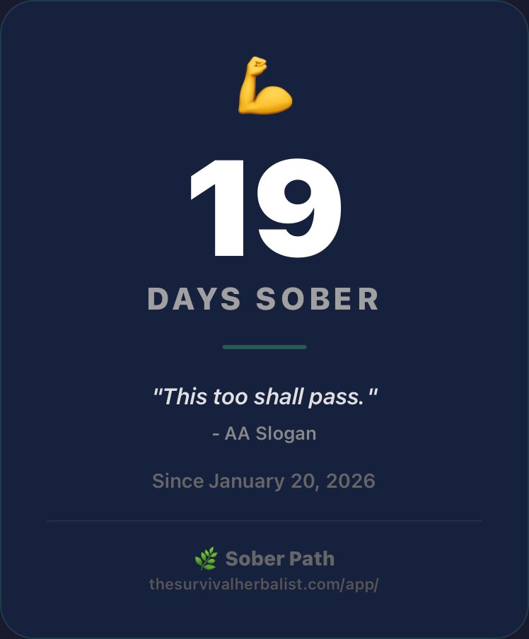 BuiltByLauren's tweet image. I'm 19 days sober! 💪

Track your journey free: thesurvivalherbalist.com/app/

#RecoveryPosse #Sobriety #OneDayAtATime