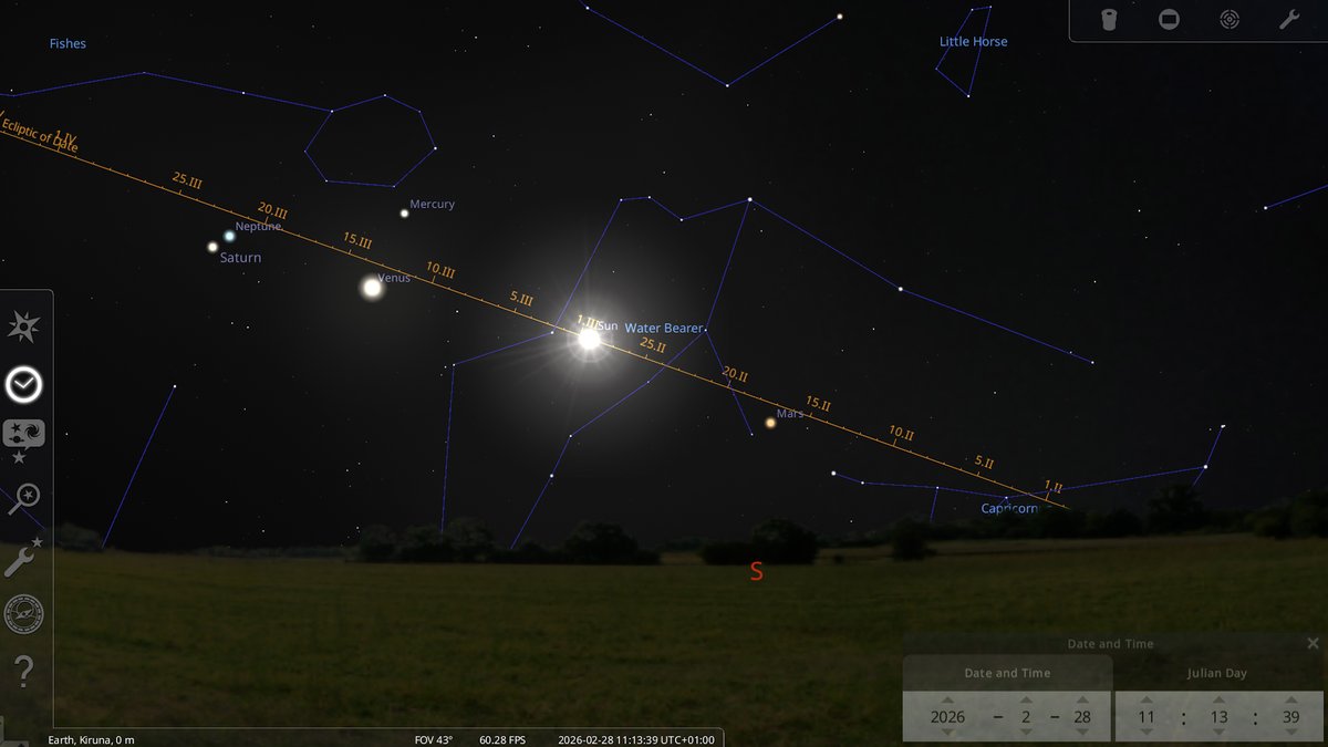 StefanBurnsGeo's tweet photo. We have a congregation of five planets and the Sun from late February into April! Mercury, Mars, Venus, Saturn, and Neptune will be closely grouped together in the sky, along with the Sun and the Moon whenever it goes through a new moon phase. Get ready! https://t.co/QtfY3KYbdB