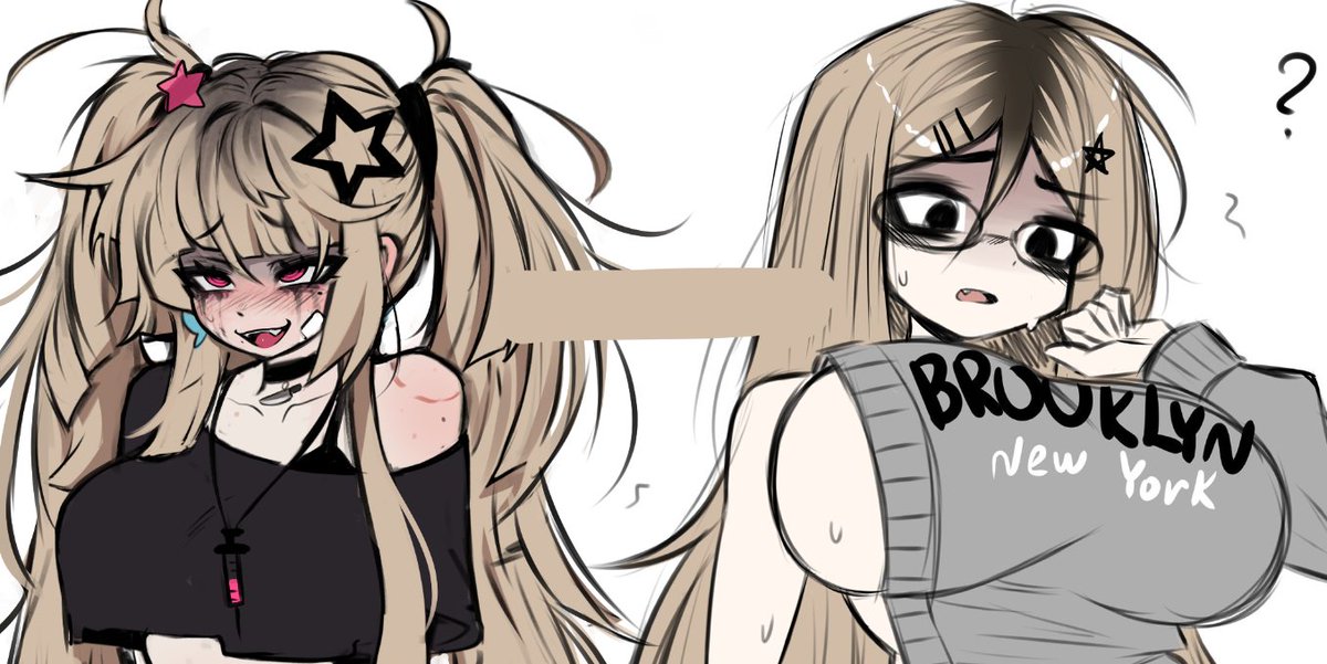 DokiDoMiki's tweet photo. I usually don't comment on stuff like this cause I suffer from severe anxiety and I actively try to avoid any form of confrontation, but people are literally saying this is me on an alt account. This is not me, I have my main tagged on my alts. This is @ helicopterfood. See comments. 
 
I know I don't own the concept of dirty blonde hair, dark roots, star hair pins, eyebags and so on. But combining all that, pretty much picking the hair color directly from my art, is a bit much. It's so close that people are confused, asking me if this is another alt of mine, sending me the post. I don't like drama, I just wanted to make people aware.
