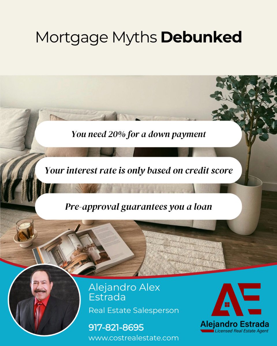 EstradaAlex1's tweet image. Let’s bust some mortgage myths:
✅ Low down payment options exist
✅ Rates depend on more than credit
✅ Pre-approval isn’t final

Knowledge = power when buying a home!

#mortgagetruths #homeownership #financialsavvy #homebuying