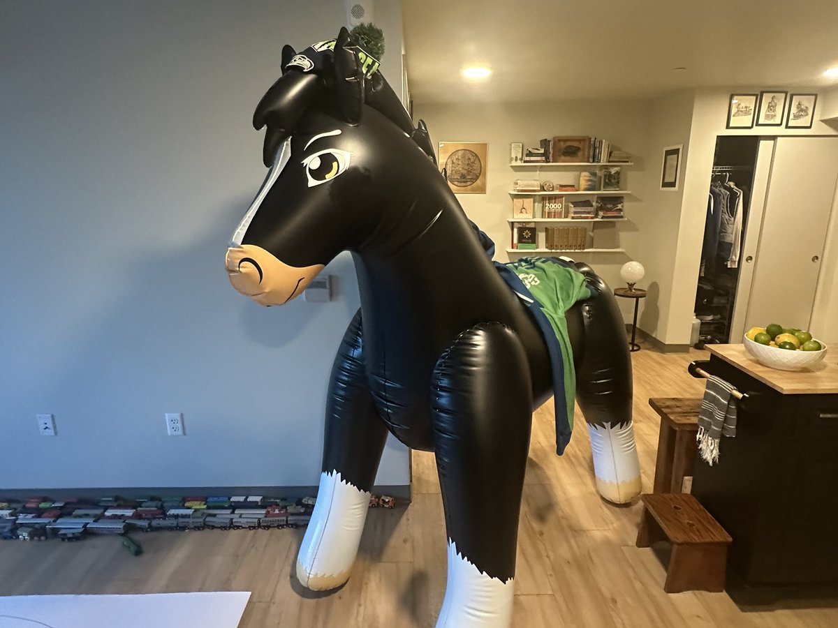 RailroadRacer49's tweet photo. THUNDER IS READY FOR THE SUPER BOWL #SuperBowlLX #Seahawks #InflatableHorse https://t.co/T3QDWLr93q