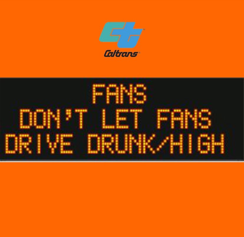 CaltransHQ's tweet photo. Be SUPER safe, every day! Celebrate responsibly. Designate a sober driver, call a ride share service or access public transit options if you’ve been partying. Protect yourself &amp; those around you. 🏈 https://t.co/0mvo13UJUr