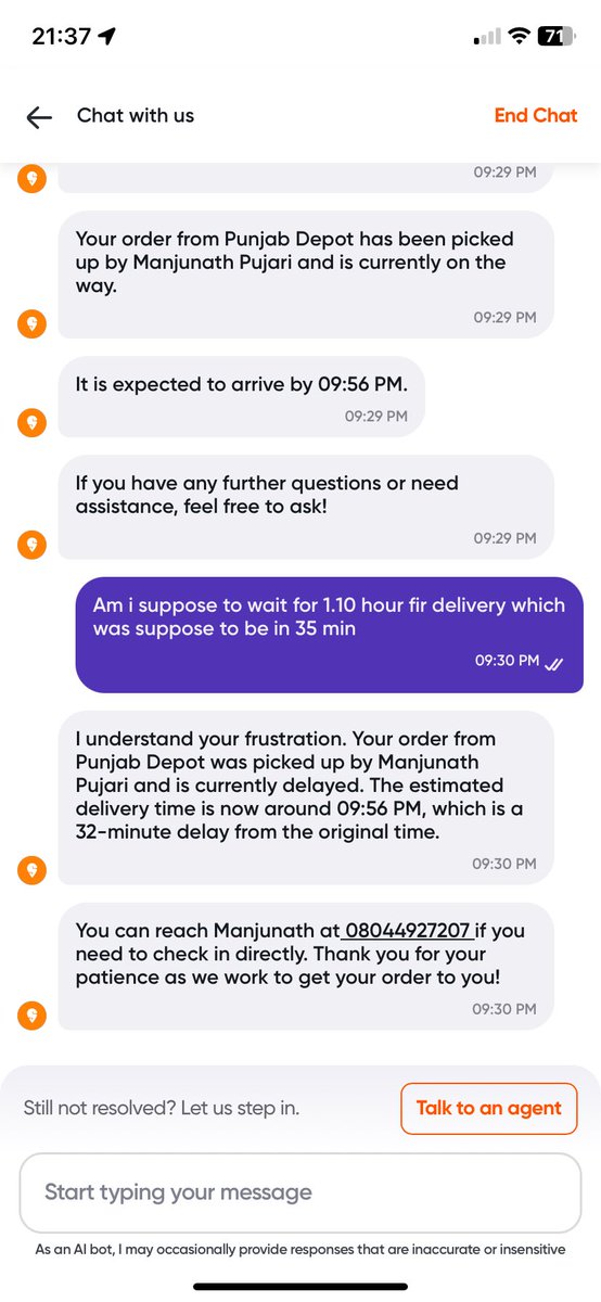 sand22a's tweet photo. @Swiggy @SwiggyCares my order is significantly delayed. Chatbot advises talk to agent. Agent says call again. Why shall i accept this deficiency? https://t.co/BpYc1y7skR
