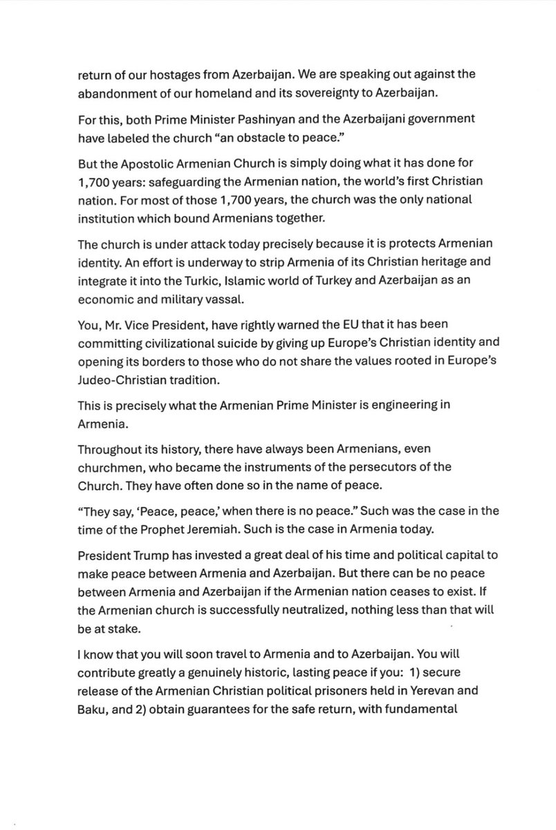 SrbazanBagrat's tweet photo. Mr. Vice President @JDVance,

I greet you in the name of our crucified and risen Lord, Jesus Christ. 

I do so from Yerevan Kentron Prison in Armenia, as a political prisoner. 

Using the time-honored methods of his communist predecessors, Pashinyan has incarcerated me. https://t.co/WVQhDjVvFD