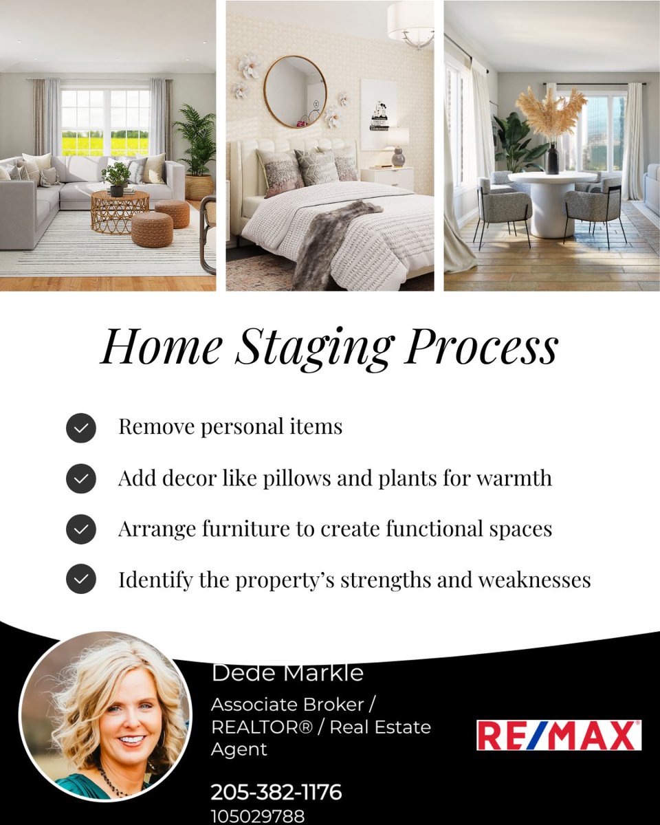 dedemarkle's tweet photo. Dede Puryear Markle, Remax Marketplace...
From enhancing visual appeal to showcasing functionality, staging can make a significant difference in how a property is perceived. A well-staged home tells a story, allowing potential buyers to envision their future in the space. https://t.co/wTvmfmlidf
