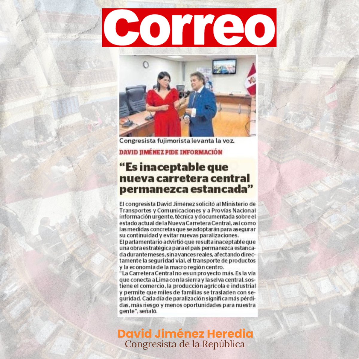 🚨¡La nueva Carretera Central no puede seguir esperando!

Desde mi rol de fiscalización, siempre he estado vigilante ante este tipo de situaciones y esta vez no es la excepción. Nuevamente alzo mi voz por Junín y exijo al Ejecutivo una solución inmediata y transparente.

Nuestra