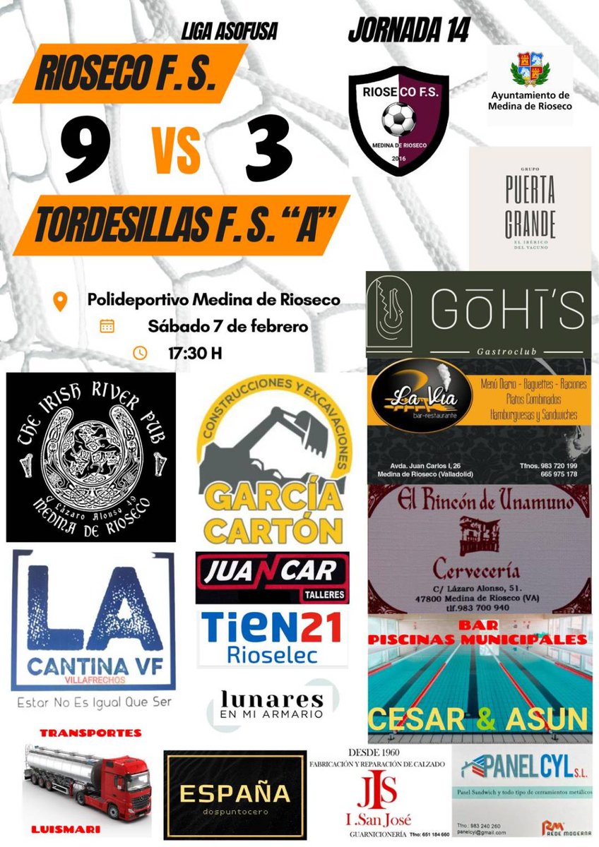 RIOSECO_FS's tweet photo. 🏆 14° Jornada Liga Asofusa ORO-PLATA GRUPO II.

⚽ @RIOSECO_FS 9-3 TORDESILLAS F.S. "A"

🥅 Goles (Tomás(2) Borja(2), Paco(3), Giron, Carlos)

#VamosRiosecoFS 💪🏽 https://t.co/k8hMBBaLxp