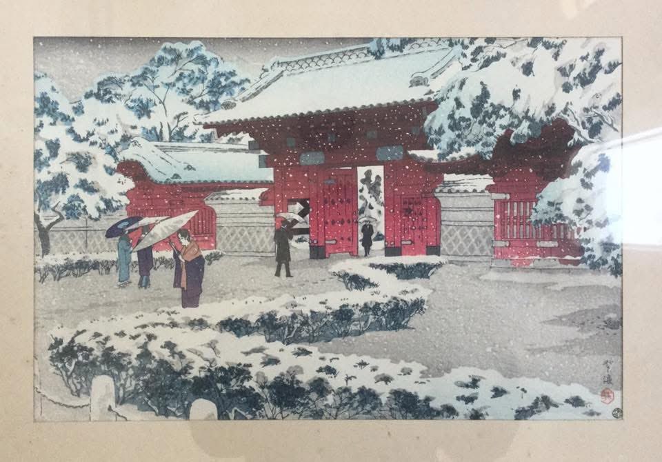 父が自室に飾っていた木版画「本郷赤門の雪」 (笠松紫浪 昭和10年