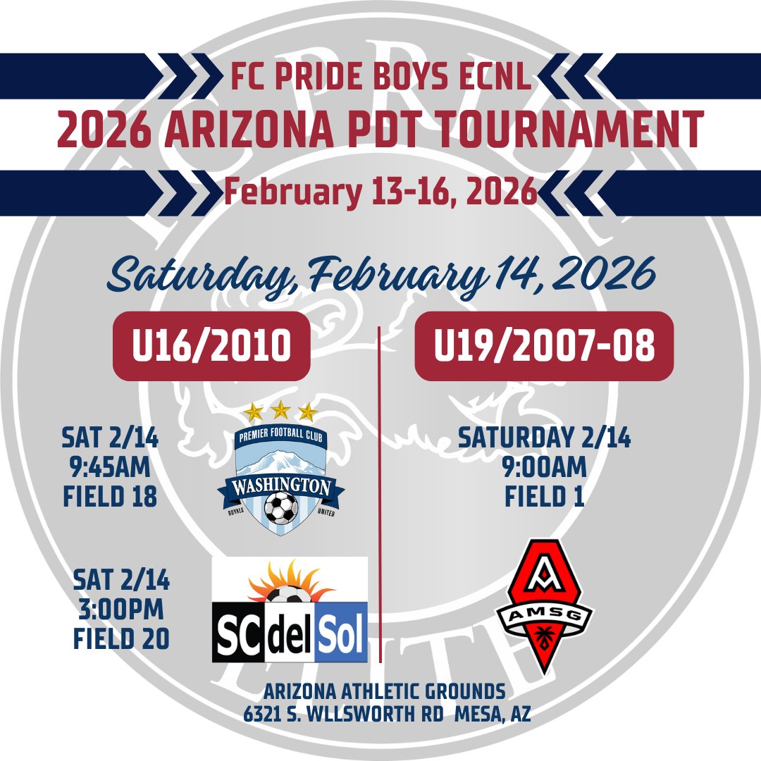 FCP_Boys_ECNL's tweet photo. ⚽️ SC del Sol PDT
📅 Sat, 2/14
👕 U19 - 9:00am
👕 U16 - 9:45am &amp; 3:00pm
🏟️ Arizona Athletic Grounds

2007/08 Player Info - https://t.co/vsOsjziHbU

2010 Player Info - https://t.co/CzbMUfcyU9

🔴⚽️⚪️

@FCPRIDESOCCER 
@FCPride08bECNL 
@FCPride10BECNL https://t.co/0WWp1gvWOW
