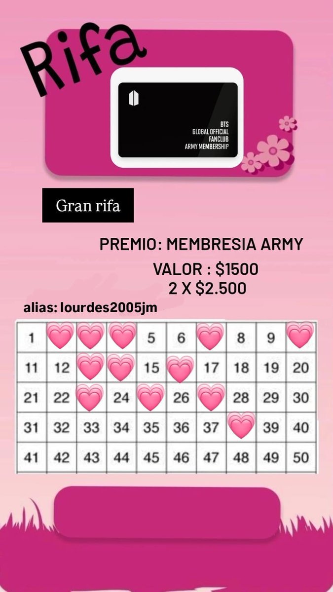 vanteperfectt's tweet photo. SORTEO MEMBRESIA ARMY 💜
  cada número $1500✨️
        o 2 x 2.500✨

(el ganador se lleva 30mil pesos en trasferencia para comprar su membresia) 🎫

se sortea una vez vendido todos los numeros 🎉

les dejo mi wsp: 3815234609

#ARMY #BTSComeback2026 #btsargentina2026 https://t.co/hcugxCX4e5